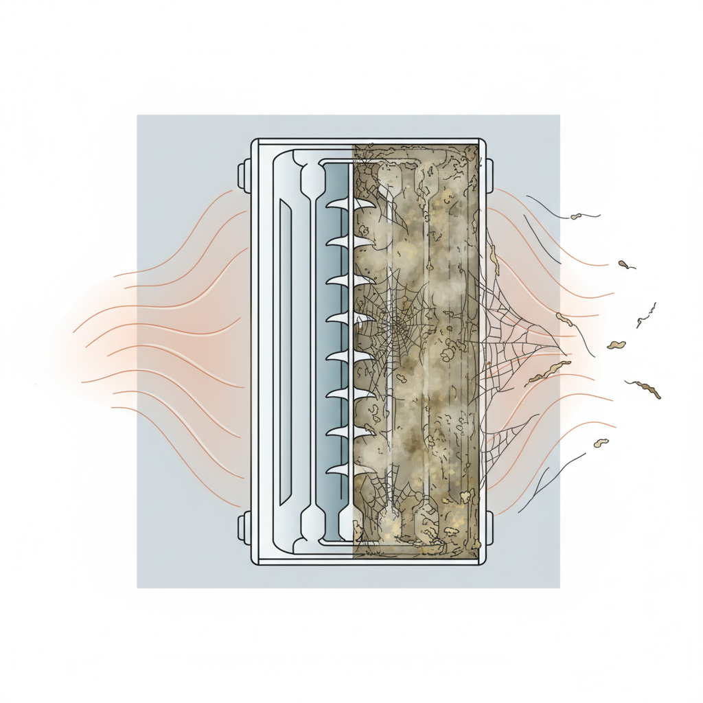 A detailed technical illustration of a cross-section through a white panel radiator. On one side, thick layers of dust, cobwebs, and grime are visibly accumulated between the internal fins and on the back panel, obstructing the airflow. Heat waves emanating from this dirty side appear weak and fragmented. The overall impression conveys a blockage and reduced efficiency, highlighting the problem of a neglected, uncleaned heating system.