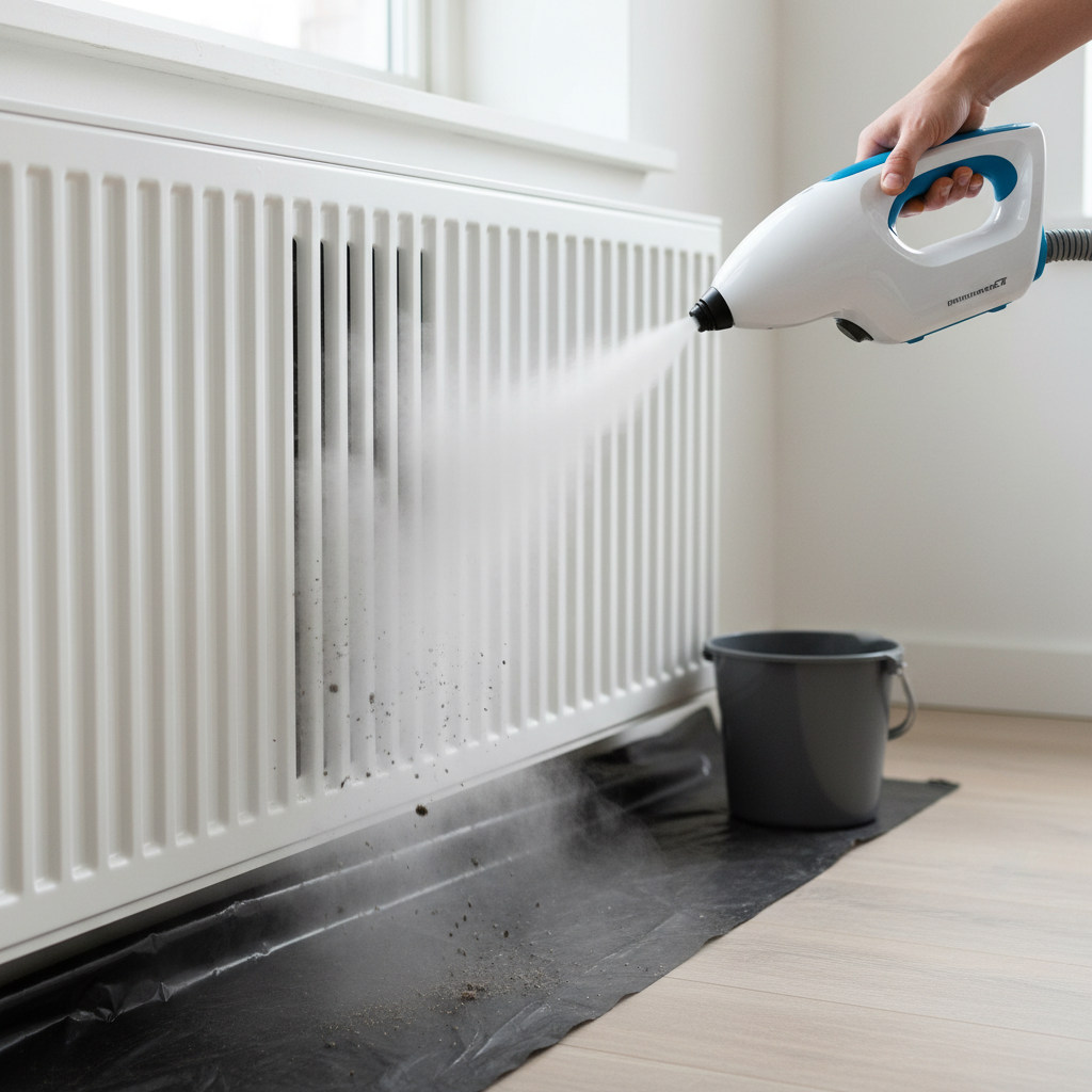 A professional, well-lit photo showing a modern steam cleaner being actively used on a white panel radiator. The steam nozzle is pointed directly into the narrow gaps between the radiator fins, emitting a visible jet of hot steam. Specks of dislodged dirt and dust are visibly being pushed out and falling onto a protective sheet or bucket placed below, illustrating the deep cleaning action and effectiveness.