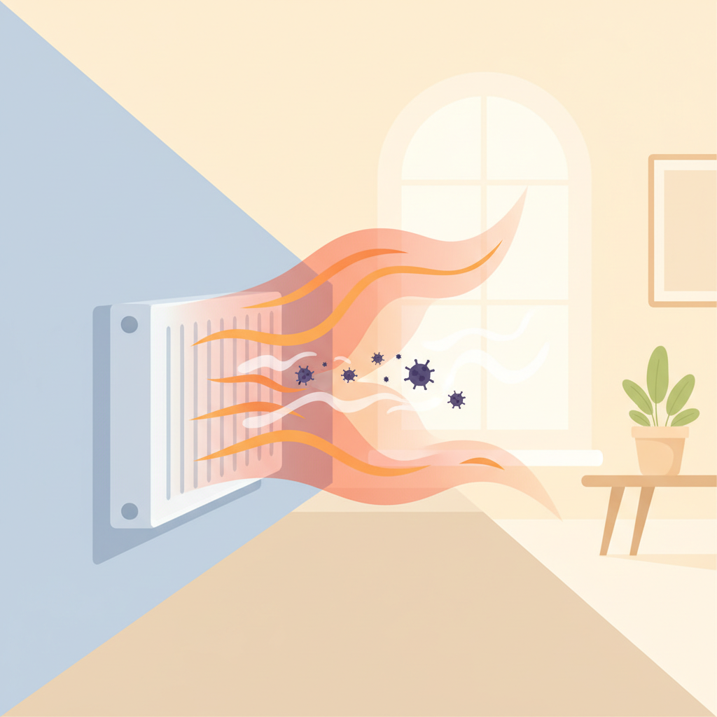 A clean, modern flat illustration divided into two subtle sections. On one side, a gleaming white radiator emits strong, even, and vibrant heat waves that visually expand into a fresh, light-filled space. Subtle visual cues like microscopic 'germ' shapes vanishing in the steam or air indicate improved hygiene. The overall impression is one of enhanced comfort, efficiency, and a healthier indoor environment.
