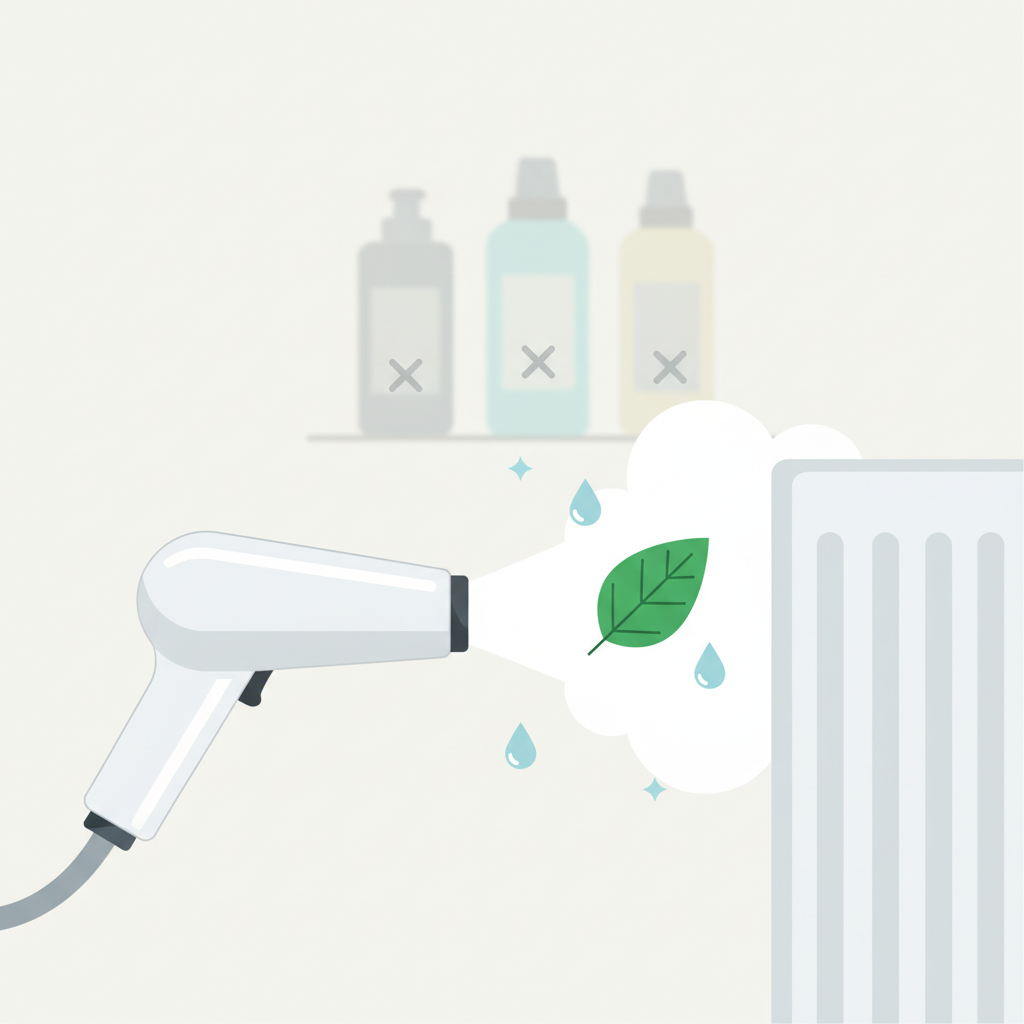 A minimalist and symbolic flat illustration emphasizing eco-friendliness. A sleek steam cleaner's nozzle directs a clean, white plume of steam towards a segment of a white radiator. Around the steam, subtle visual elements like a single green leaf or a sparkling water droplet signify natural cleaning. In contrast, blurred or subtly X-marked silhouettes of generic chemical cleaning product bottles are placed in the background, reinforcing the chemical-free approach.