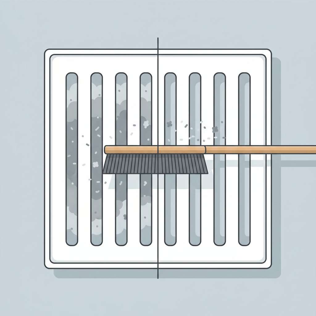 A detailed flat illustration depicting a cross-section of a modern panel radiator. On the left side, the internal fins and air passages are visibly clogged with accumulated grey dust and small debris, illustrating the neglected state. On the right side, the same radiator's internal fins are perfectly clean and clear, showing the ideal condition. A specialized, long-handled radiator brush with flexible bristles is actively shown cleaning the transition area between the dirty and clean sections, with wisps of dust being dislodged and floating away. The overall composition should highlight the hidden dirt and the targeted cleaning action.