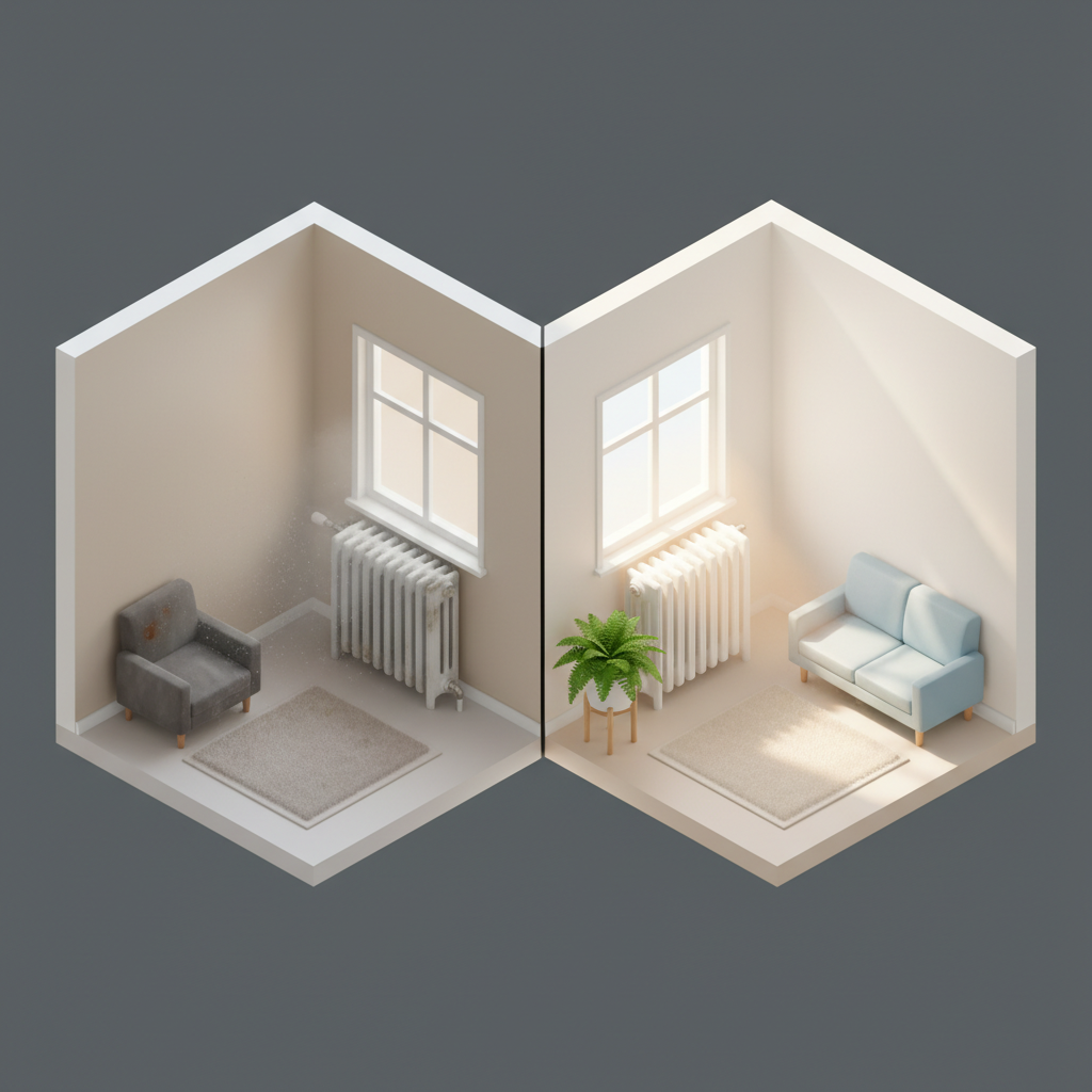 An isometric illustration showcasing the contrast between a dirty and a clean radiator's impact on a room. On one side, a slightly dusty, neglected radiator sits in a muted, slightly hazy room section, with subtle grey particulate matter depicted subtly rising from its surface, symbolizing poor air quality and inefficiency. On the other side, the same radiator is pristine and integrated into a bright, fresh, and clear room section, emitting a gentle, warm glow or clear airflow. A healthy green plant or a symbolic fresh air element is present on the clean side. The overall visual emphasizes improved air quality and energy efficiency through cleaning.
