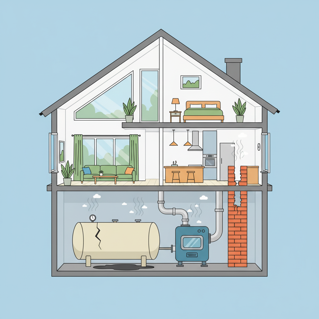 A vibrant, clean flat illustration showing a cross-section of a typical residential house. The focus is on the basement or utility room where a heating oil tank and furnace are located. Subtle visual cues like faint wavy lines or small 'cloud' icons emanate from potential problem areas: a hairline crack in the oil tank, a leaky pipe connection, an area of spilled oil on the concrete floor, and a faulty chimney vent. The house interior should be bright and modern, contrasting with the unseen problem. The overall impression is an easy-to-understand diagram of common smell sources.