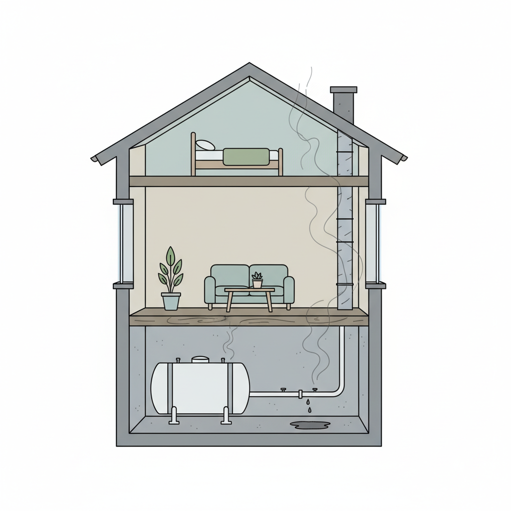 A detailed cross-section flat illustration of a typical house, focusing on the basement or utility room where a heating oil tank is located. A small, subtle leak from the tank or a pipe is depicted, with faint, wavy, dark grey lines or cloud-like representations of 'smell' emanating from the source. These smell representations subtly extend upwards through floorboards and ventilation shafts, indicating the odor spreading into the upper living spaces. The overall style should be clean, informative, and slightly desaturated to convey the issue without being overly dramatic.