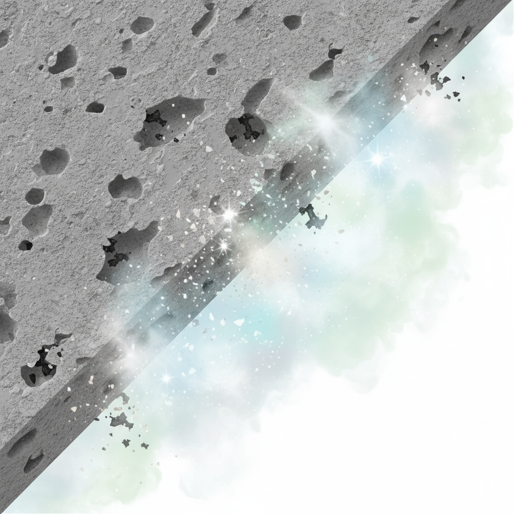 An abstract, scientific illustration showing the microscopic interaction of heating oil smell molecules with a porous surface. The image should be split or layered: one side shows small, dark, irregular molecules deeply embedded within the textured surface of a material like concrete or fabric. The other side (or an overlay) depicts a 'neutralizer' agent, represented by lighter, abstract, star-like or gaseous particles, actively surrounding and breaking down or transforming the dark smell molecules, illustrating their disappearance or neutralization. Use a clean, infographic style with a focus on chemical process visualization.