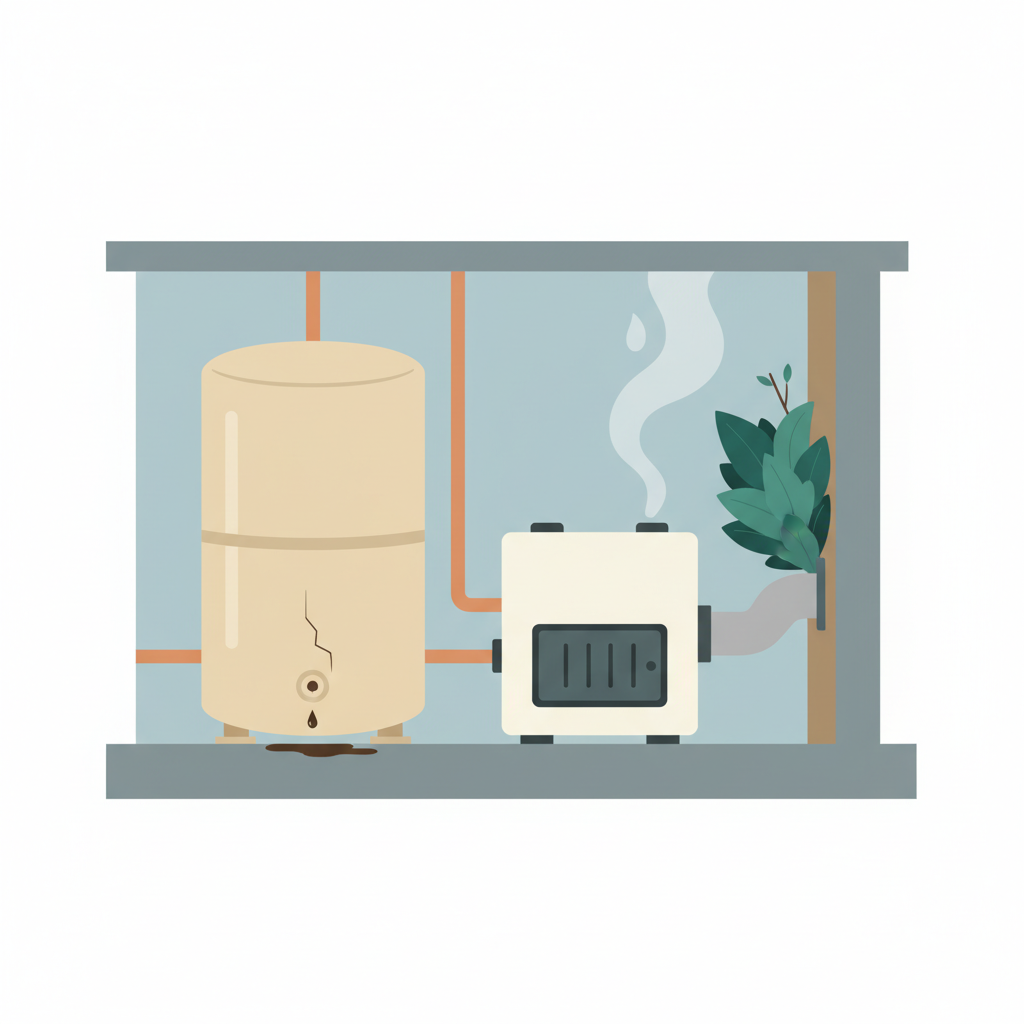 A clear, inviting flat illustration depicting a cutaway view of a typical home basement heating system. The scene features a large heating oil tank connected by pipes to a furnace/burner unit. Subtle visual cues indicate common problems: a tiny drip of oil forming a small puddle beneath a pipe connection, a hairline crack on the heating oil tank, and a faint, slightly smoky plume emanating from the burner's exhaust, suggesting faulty combustion. A blocked or partially obstructed vent pipe leading out of the house is also visible. The overall style should be modern and clean, using a calming color palette with specific accents highlighting the problem areas without being overtly dramatic.