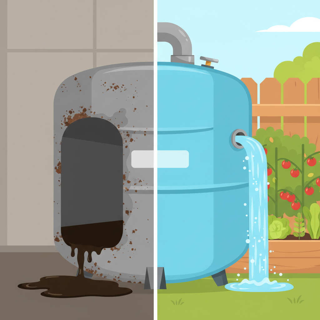 A split image showing the transformation of an oil tank. The left side depicts a corroded, grimy heating oil tank, with visible dark sludge or oily residue pooling at its bottom, emphasizing its former contaminated state. The right side showcases the same tank, now spotlessly clean and possibly repainted in a fresh, light color, with a rainwater downspout neatly integrated into its top, visibly collecting clear, sparkling water. Lush, green plants or a small vegetable patch thrive beside the repurposed tank, symbolizing sustainable use. Style: Modern, crisp flat illustration with vibrant colors.