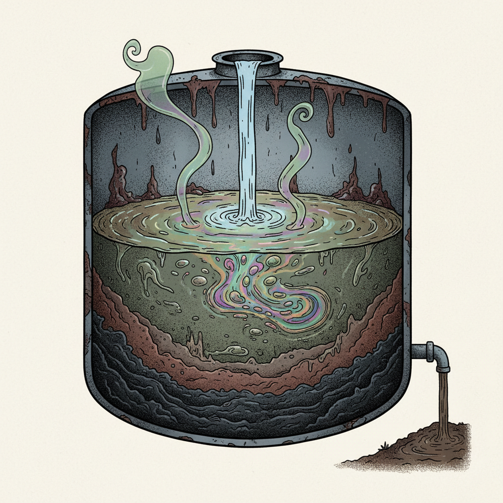 A cross-section illustration depicting the interior of a neglected heating oil tank. Visible layers of thick, dark sludge, sediment, and oily residue accumulate at the bottom and along the walls. A stream of fresh rainwater is shown entering the tank from the top, but upon contact with the internal contaminants, the water visibly darkens, forms oily sheens, and appears unhealthy. Subtle visual cues, such as faint, swirling toxic fumes or discolored water flowing from an outlet, highlight the environmental and health hazards posed by an uncleaned tank. Style: Detailed, informative illustration with a slightly somber color scheme.