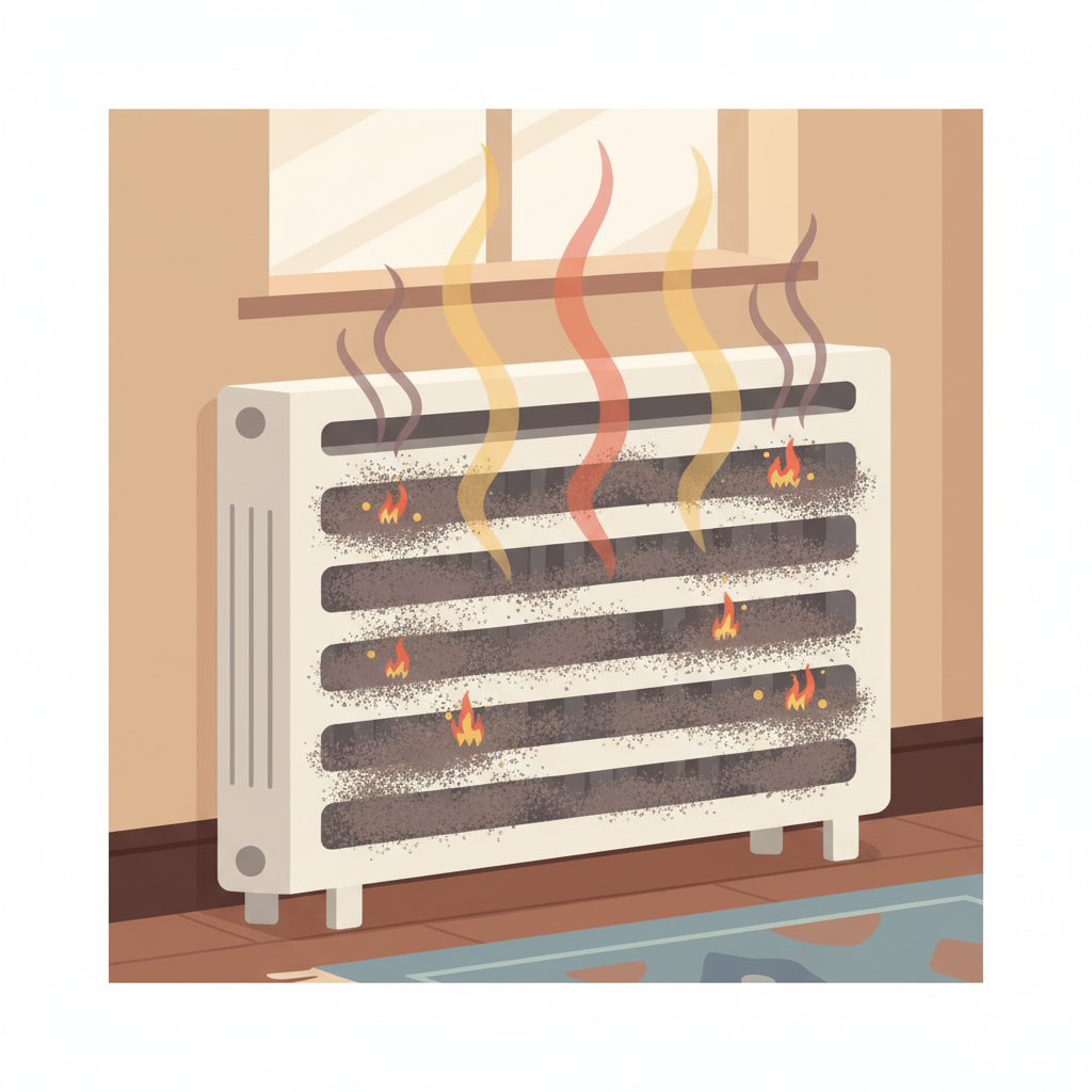 A detailed flat illustration depicting a common household radiator. The radiator's fins are visibly coated with a layer of dust particles, some of which are subtly singed or burning off as heat radiates upwards. Wavy lines represent the warm air, carrying with them faint, stylized wisps that symbolize a mild, unpleasant, dusty smell. The background suggests a warm, indoor environment, emphasizing the source of the problem. The style should be clean, modern, and suitable for a blog article, using a slightly muted color palette.