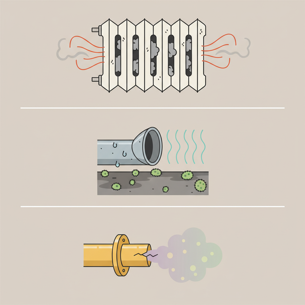 An infographic-style illustration showcasing various causes of unpleasant heating odors. The image is divided into three distinct sections or zones. One section features a cross-section of a heating vent or radiator, showing accumulated dust particles emitting wisps of a 'burnt' smell. Another section illustrates a damp area around a heating component or duct, with subtle green mold spores visible, creating a 'musty' odor. The third section depicts a stylized gas pipe with a faint, visible 'leak' effect, represented by a specific color or texture, hinting at a 'sulfur-like' smell. The overall composition uses clear visual cues to differentiate the problems, rendered in a clean, modern flat illustration style.