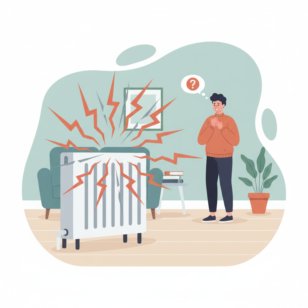 A vibrant, modern flat illustration depicting a home heating radiator with subtle, stylized sound waves or impact lines emanating from it, suggesting a knocking or banging noise. The background shows a cozy, slightly concerned homeowner observing the radiator from a distance, conveying discomfort. The overall mood should be slightly muted but clear, focusing on the auditory problem visually.