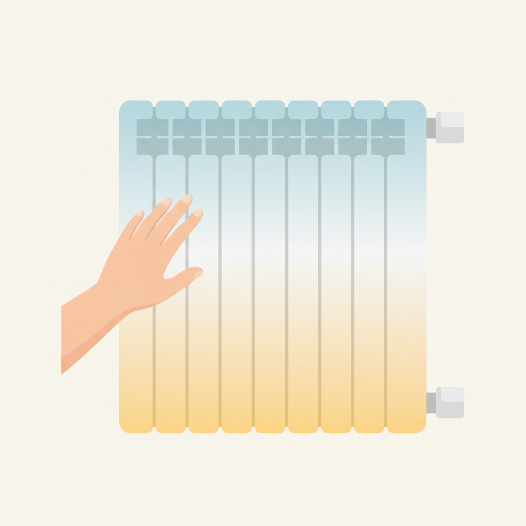 A close-up, minimalist flat illustration of a white home radiator. The upper section of the radiator is subtly colored in cool tones (e.g., light blue or grey) to represent coldness, while the lower section transitions to warm tones (e.g., light orange or yellow) to represent warmth. A gentle, stylized hand is shown reaching out to touch the cooler upper part, emphasizing the diagnostic symptom of an unevenly heated radiator. The background is simple and uncluttered.