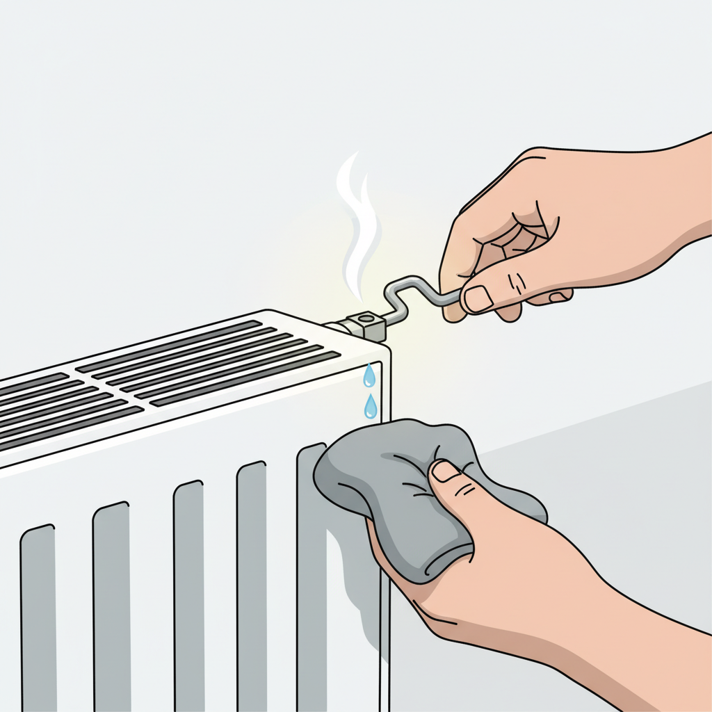 A professional, step-by-step infographic style illustration focusing on the action of bleeding a radiator. The image shows a close-up of a person's hands holding a radiator bleed key and a small cloth or rag. The key is inserted into the bleed valve on the side of a white radiator, and a tiny, stylized puff of steam or a few droplets of water are visibly emerging from the valve, representing the release of air. The scene is practical and instructional.
