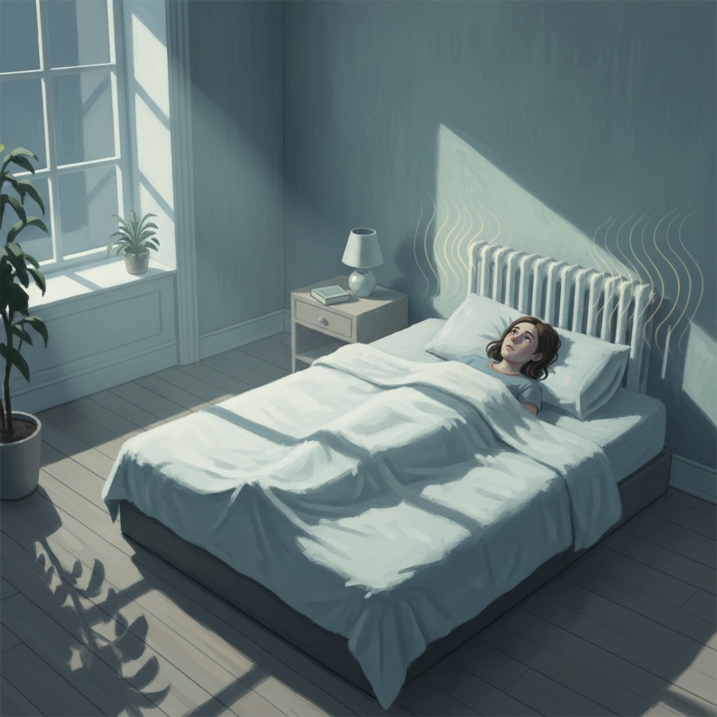 A serene bedroom scene at night. A person lies awake in bed, eyes open and looking towards an unseen source of disturbance. Subtle, wavy lines or a faint glow emanate from a radiator on the wall, representing the subtle but intrusive sound. Moonlight softly filters through a window, casting gentle shadows. The overall mood is quiet but with a sense of underlying frustration. Digital painting, realistic but with an atmospheric, slightly moody ambiance.