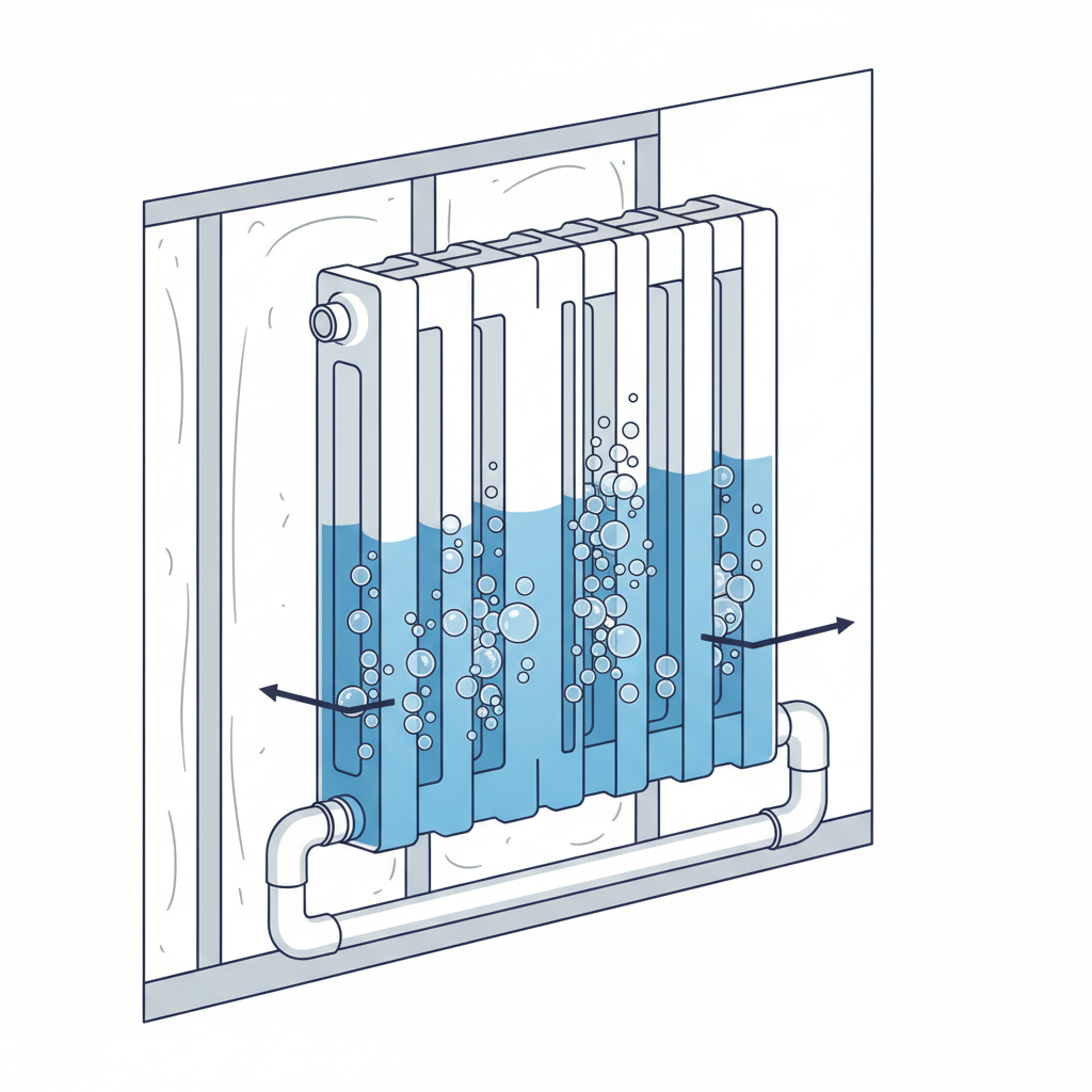 A cross-sectional, cutaway diagram of a central heating radiator and a segment of its connecting pipework. Inside the pipes and the radiator channels, clear, transparent air bubbles are distinctly visible, interspersed with the blue-tinted water flow. These bubbles appear to partially obstruct the flow, emphasizing the problem. The background is a clean, minimalist schematic of a wall. Infographic style, clean lines, professional and easy to understand.