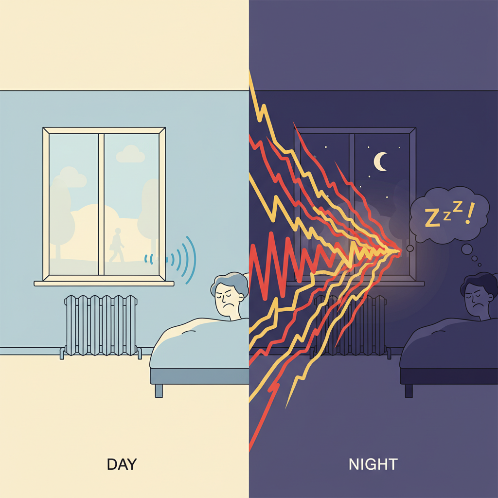 A side-by-side or split-panel comparison illustration showing the same room during day and night. On the 'day' side, the room is bright with ambient details like faint outdoor activity visible through a window. Sound waves from the radiator are depicted as small, easily ignorable ripples, blending into the background. On the 'night' side, the room is dark and silent, with the same sound waves from the radiator now depicted as prominent, disruptive, and exaggerated vibrations, highlighting their increased noticeability. Flat illustration, clean lines, clear visual metaphors.
