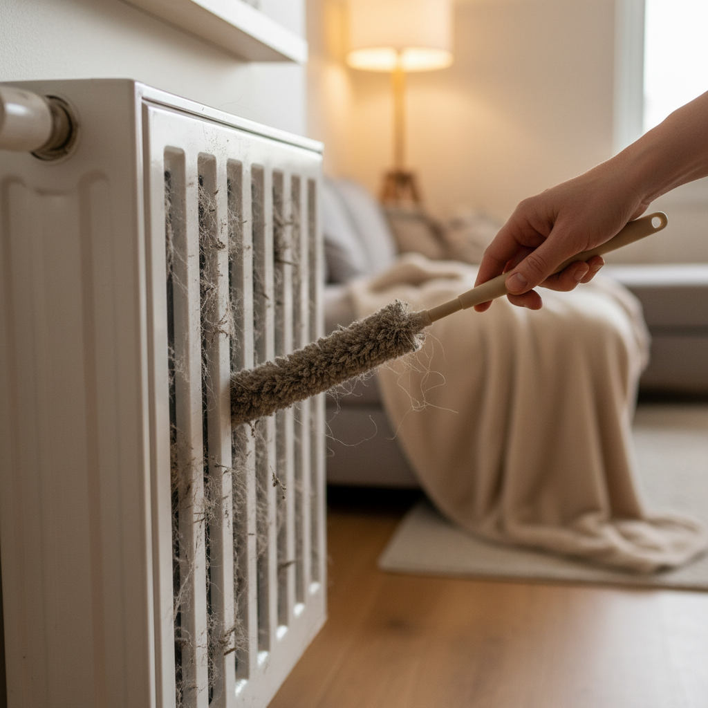 A close-up, professional photo of a modern white heating radiator with its grille visibly covered in a layer of dust, lint, and pet hair. A hand with a cleaning tool (e.g., a thin brush or a long, flexible duster) is attempting to reach into the narrow gaps of the grille, clearly struggling to access the deeper, unseen parts. The lighting highlights the accumulated dirt and the difficulty of the cleaning task, conveying a sense of common household problem-solving. The background is a subtly blurred, warm home interior.