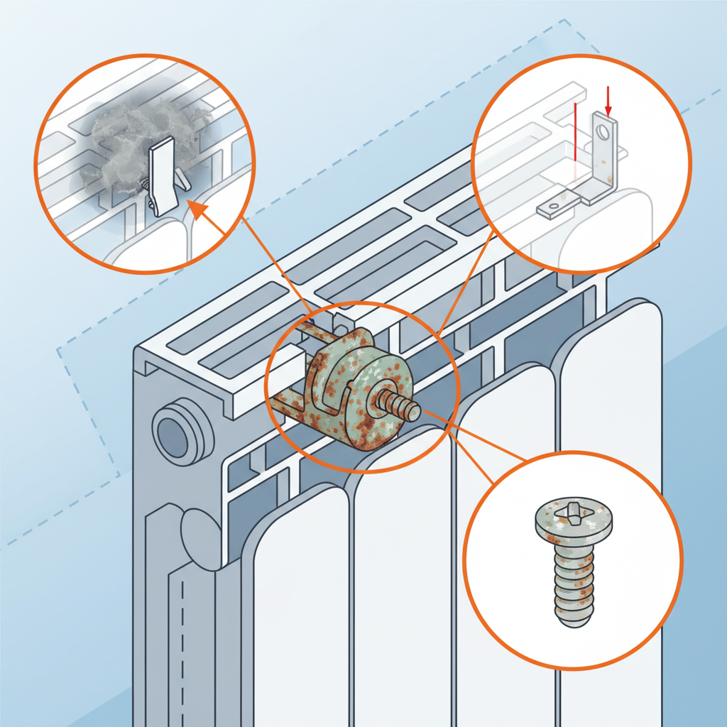 An infographic-style illustration depicting a cross-section or cutaway view of a heating radiator's grille attachment mechanism. The illustration clearly highlights three common issues causing the grille to stick: a dense build-up of dust and debris wedged within a latching clip, subtle corrosion on a metal fastening point, and a slightly bent or deformed mounting bracket. The elements are rendered in a clean, modern style with clear visual separation to explain the internal problems preventing easy removal.