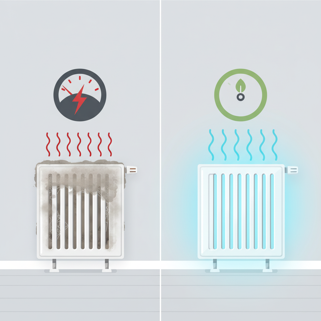 A detailed flat illustration depicting a side-by-side comparison of two radiators in a modern home setting. The left side shows a radiator heavily encrusted with visible dust and dirt, with faint, weak, reddish heat waves struggling to emanate from it. Above this radiator, a subtle visual metaphor of increased energy consumption, like a larger, dark power meter needle pointing high or a larger, red energy icon. The right side features an identical, sparkling clean radiator, emitting strong, vibrant, light blue heat waves filling the space effectively. Above this clean radiator, a subtle visual metaphor of reduced energy consumption, like a smaller, green power meter needle pointing low or a smaller, green energy icon. The overall image should clearly convey the contrast in heating efficiency.