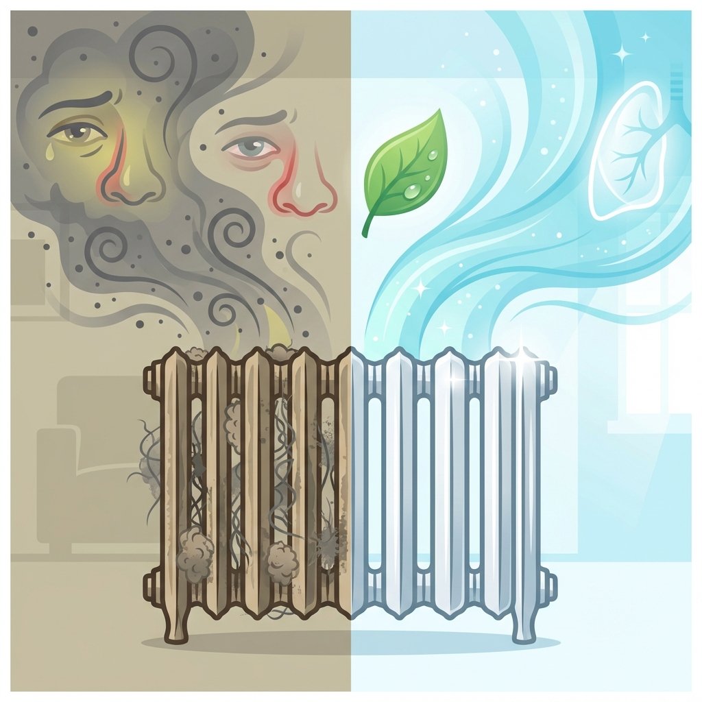 A clean vector art illustration showcasing the impact of radiator cleanliness on indoor air quality. On the left side, a radiator with visible dust bunnies and pet dander trapped in its fins is depicted, with swirling, dark grey particulate matter emanating into the surrounding air, subtly forming a faint, transparent cloud in the room. A subtle visual hint of irritation, like a stylized nose or a slightly narrowed eye, could be in the background, without showing a full person. On the right side, the same radiator is shown pristine and clean, emitting clear, fresh, light blue airflow, subtly dissipating into a bright, clean room environment. A subtle visual hint of freshness, like a small, green leaf or a clear, open lung outline, could be in the background, again without showing a full person. The illustration should emphasize the visual difference in air cleanliness.