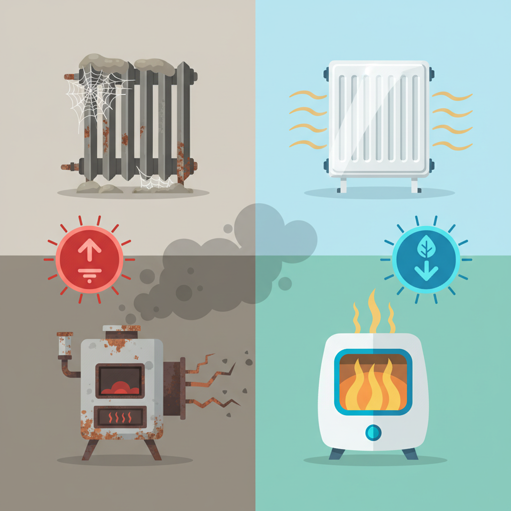 An infographic-style illustration depicting a split view of a heating system. On one side, show a grimy, dust-laden radiator and an old, struggling furnace with smoke or dark particles indicating inefficiency, alongside a visual representation of high energy consumption. On the other side, show a sparkling clean radiator and a modern, smoothly operating furnace emitting bright, even heat waves, with a visual representation of low energy consumption. Use clear, flat design elements and a vibrant color palette to contrast the 'before' and 'after' states, emphasizing energy saving and optimal performance.