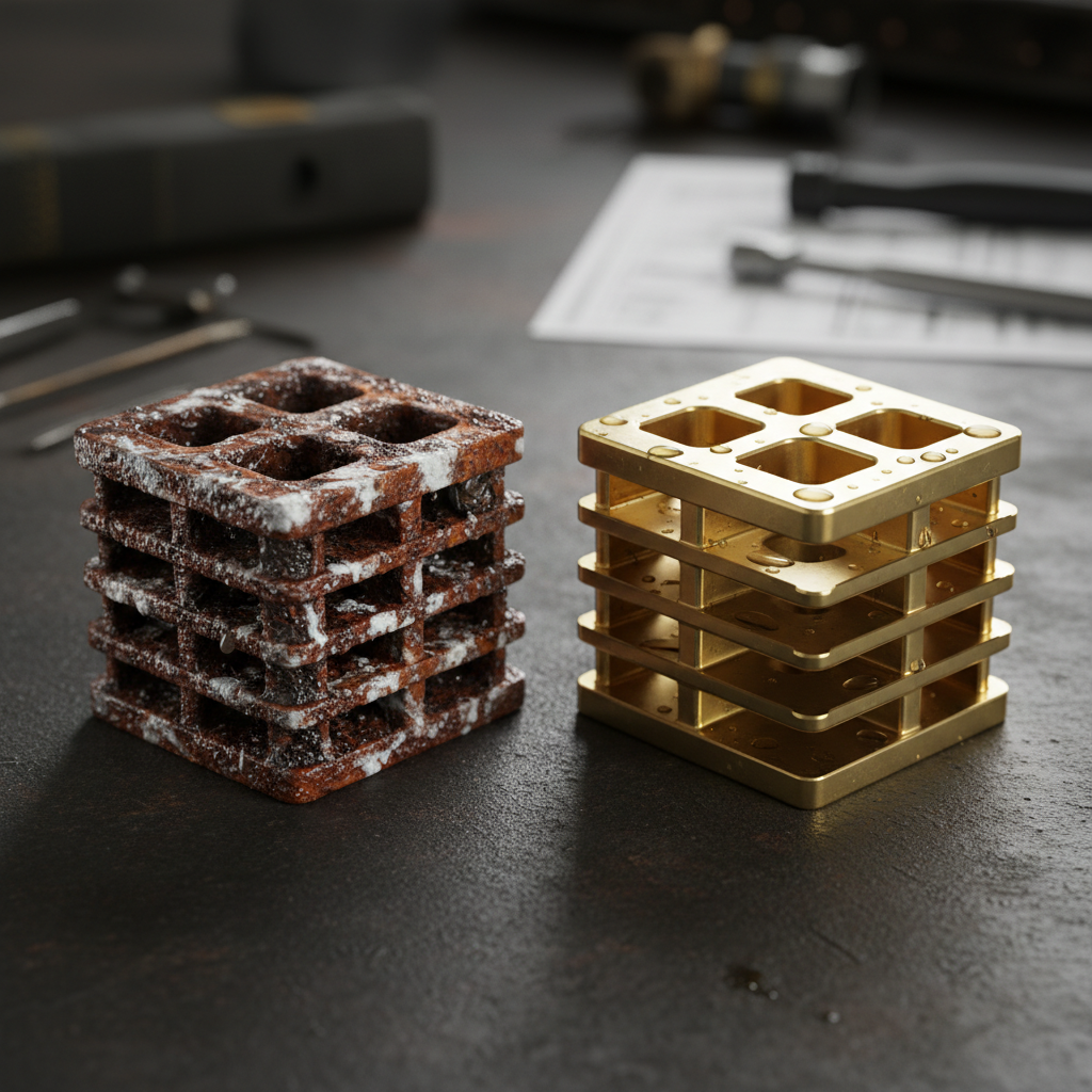 A professional photograph showcasing the internal components of a heating system, specifically focusing on a section of a boiler or heat exchanger with visible mineral deposits, rust, and sludge. Next to it, in the same frame, show an identical component that has been thoroughly cleaned, appearing bright, shiny, and free of any buildup. The image should use macro photography to highlight the intricate details and texture differences between the dirty and clean parts, conveying the tangible benefits of maintenance in a realistic and impactful way.