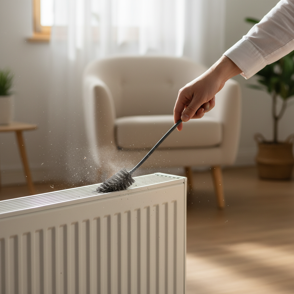 A professional photo of a modern, well-maintained hand holding a long, flexible radiator brush, expertly navigating it between the fins of a white panel radiator. Dust particles are visibly dislodging from deep within the radiator fins, catching the light as they fall. The background shows a subtly blurred, warm-toned domestic interior, emphasizing cleanliness and comfort. The focus is on the action of cleaning and the effectiveness of the tool, with a subtle glow around the now-cleaner section of the radiator, symbolizing improved heat emission.