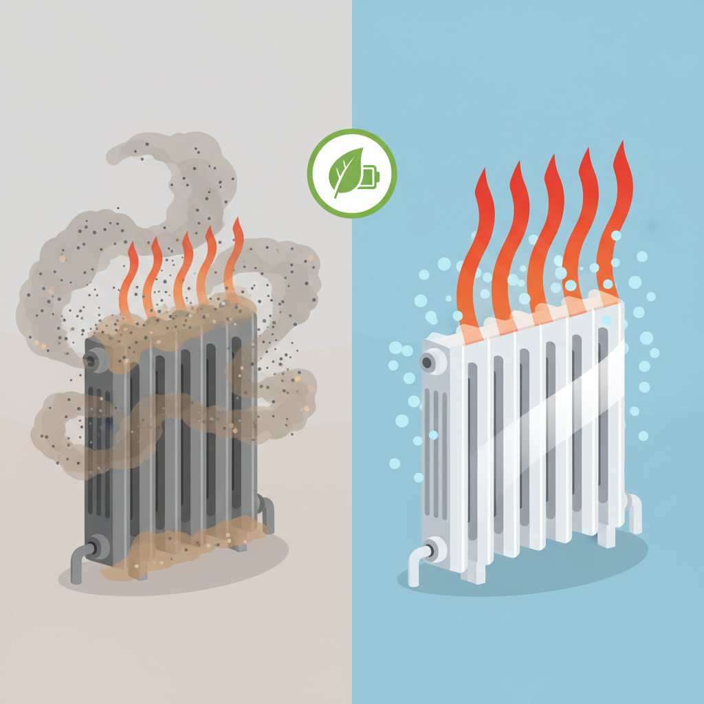 A vibrant flat illustration depicting a split scene, contrasting a 'before' and 'after' state for a radiator. On the left, a dirty, dusty radiator with visible dust particles swirling around it and dull, wavy lines representing inefficient heat. On the right, the same radiator appears sparkling clean, emitting bright, strong wavy lines of heat upwards and clean, fresh air particles. Above the clean radiator, a subtle visual symbol representing energy saving, like a small leaf or a battery icon, is visible. The overall aesthetic should be clean, clear, and informative, highlighting the benefits of radiator cleaning.