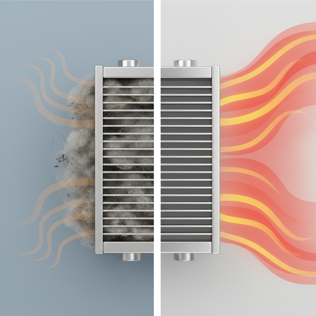 An infographic-style illustration showing a split view of a radiator. On the left side, depict a cross-section of a radiator heavily clogged with dust and grime between the fins. Faint, struggling heat waves emanate from this side, indicating poor efficiency. On the right side, show the same radiator cross-section, but perfectly clean with no dust. Bright, strong heat waves radiate freely and expansively from this side, symbolizing improved heating performance. The overall style should be clean, modern, and use a clear visual contrast to highlight the impact of cleanliness on heat output.