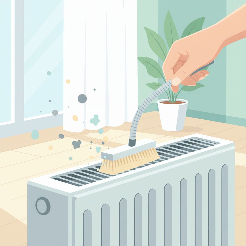 A vibrant, flat illustration depicting a close-up of a hand holding a long, flexible radiator cleaning brush. The brush is actively inserted into the top of a modern white radiator, reaching deep between the internal fins. Small, stylized dust particles and abstract allergen shapes are visibly dislodged and float away from the radiator, suggesting improved air quality. The background subtly shows a brighter, fresher home interior, emphasizing the positive impact of cleaning. The color palette should be light and inviting, conveying a sense of cleanliness and effectiveness.