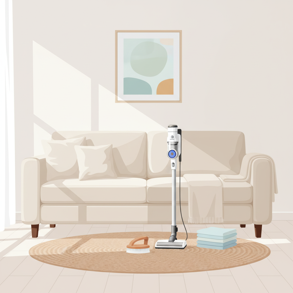 A vibrant flat illustration depicting a pristine light beige or cream-colored sofa in a minimalist living room setting. In the foreground, neatly arranged on a clean, light wooden floor, are essential cleaning tools: a sleek, modern vacuum cleaner with an upholstery attachment, a soft-bristled upholstery brush, and a stack of clean, folded microfiber cloths. The overall scene should convey a sense of calm, preparedness, and effective regular maintenance. The colors should be bright, clean, and inviting, reflecting the elegance of a well-maintained light couch.