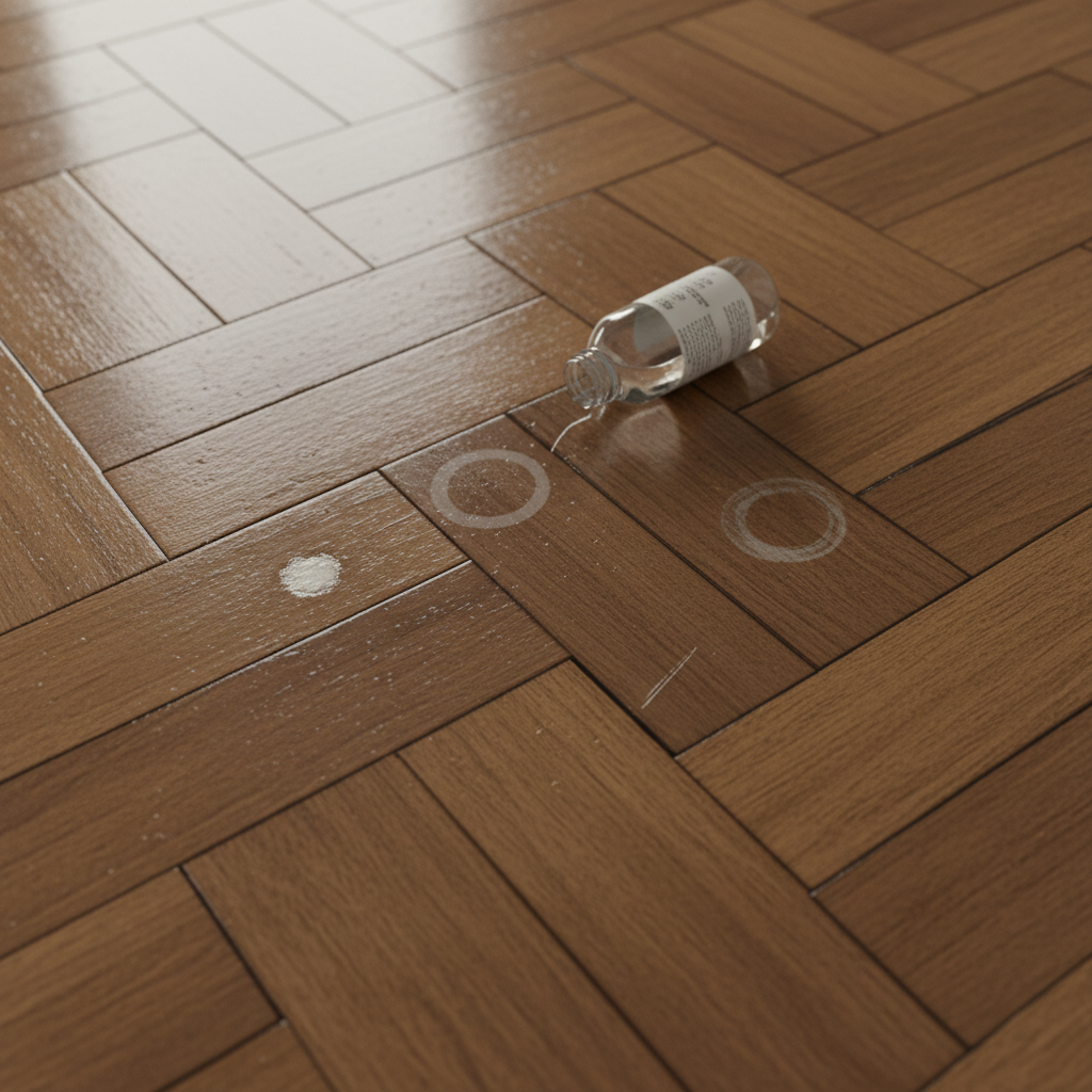 A close-up, slightly elevated professional photo of a polished wooden parquet floor. The scene features multiple distinct, small, light-colored blemishes scattered across the planks. Next to one milky-white spot, there's a faint, translucent water ring from a glass. Near another area, a small, tipped-over bottle of cleaning solution is depicted, causing a subtly bleached patch. A faded, dull outline resembling a hot mug mark is visible on another plank. A fine, shallow scratch reveals lighter wood underneath. Realistic style, emphasizing texture and detail.