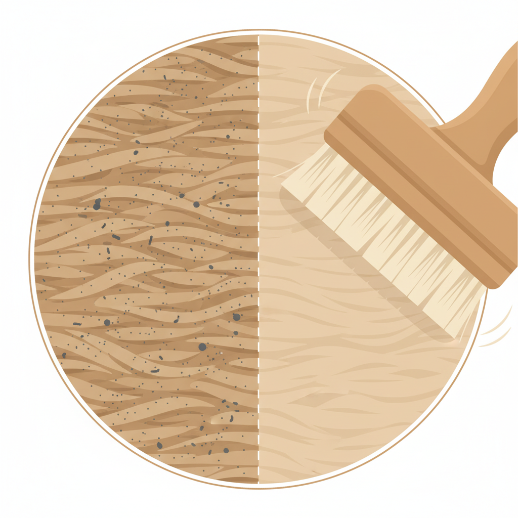 A clean, detailed flat illustration depicting a close-up of light suede. On one half, the suede shows microscopic dirt particles nestled within its soft, fibrous texture, illustrating its vulnerability. On the other half, a specialized suede brush with soft bristles is gently sweeping across the surface, effectively lifting and removing the particles, leaving a clean, restored area. The focus is on the delicate yet effective cleaning action and the material's texture, providing a clear visual contrast.