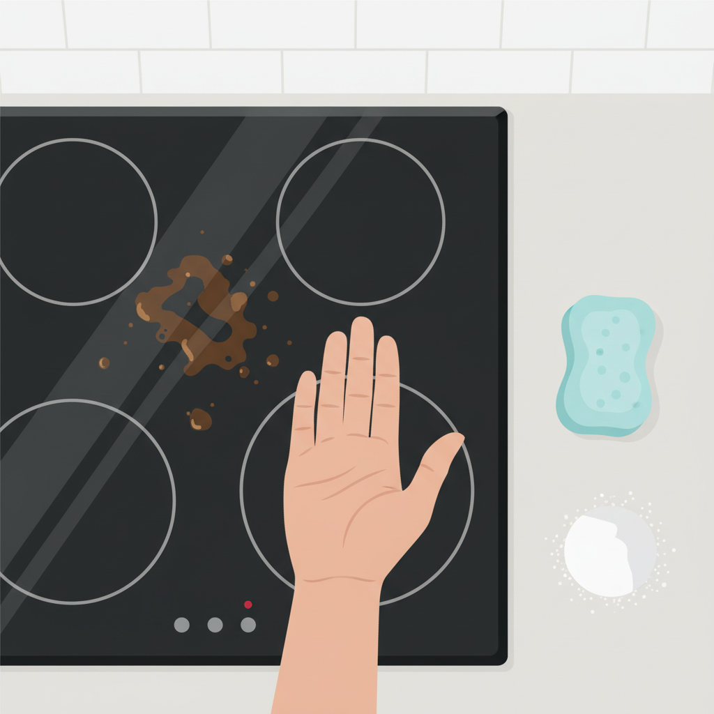 A bright, clean flat illustration with a modern aesthetic depicting a sleek, black ceramic stovetop covered in several visible, stubborn, baked-on food stains and greasy residue. Next to the stovetop, a small, untouched pile of white baking soda sits beside a clean, slightly damp sponge. A person's hand hovers over the stovetop, palm facing up in a gesture of mild frustration or confusion, highlighting the ineffectiveness of the household remedy.