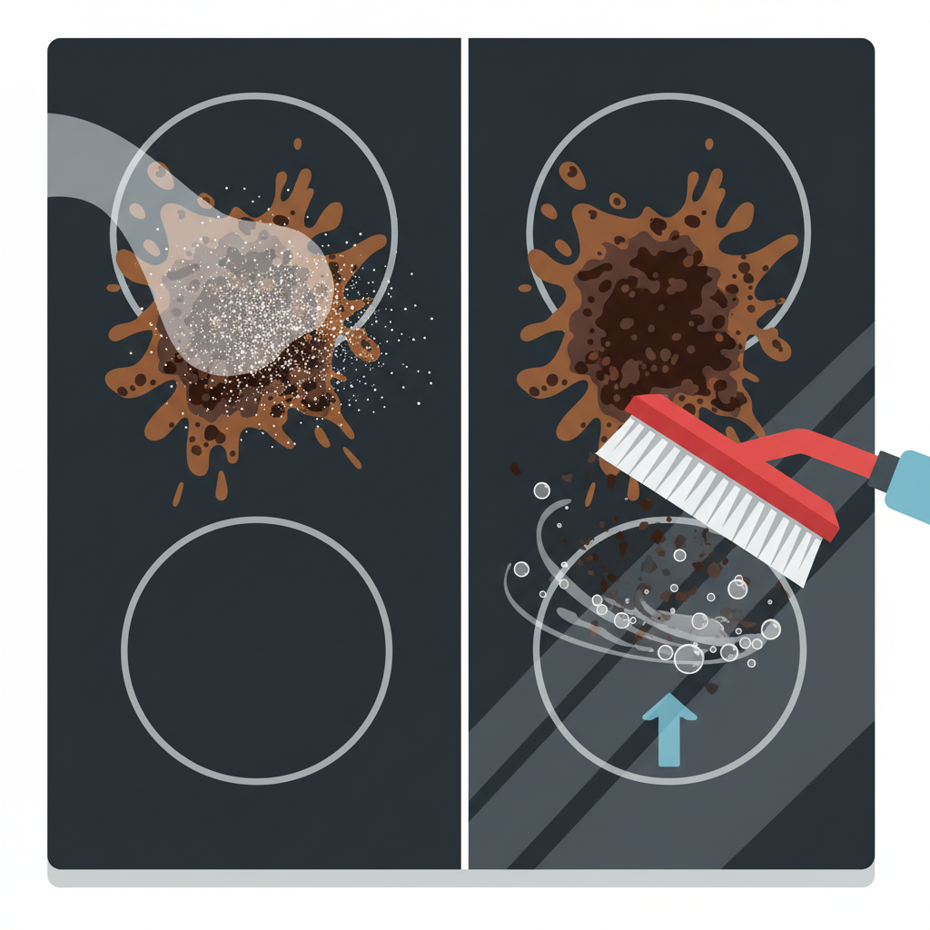 A conceptual infographic style illustration with a clean, vector aesthetic. The image is divided into two distinct vertical sections. On the left, a close-up of extremely stubborn, dark, burnt-on food and thick grease splatters on a stovetop surface. A transparent, ghostly representation of baking soda particles or a fine powder is lightly scattered over the stains, clearly failing to penetrate or dissolve them. On the right, the same type of stubborn stains on an identical stovetop surface are being effectively tackled by a vigorous scrub brush or a specialized cleaning spray, showing the residue visibly breaking down and lifting away.