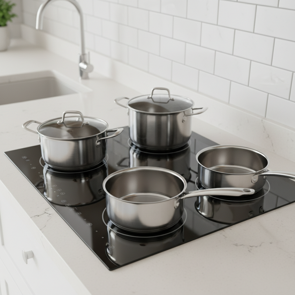 A professional, high-angle photo of a pristine, sparkling clean induction stovetop in a modern kitchen setting. The black glass surface is polished to a mirror shine, reflecting ambient light from a nearby window. A few clean, polished stainless steel pots are neatly arranged on the burners, suggesting readiness for cooking. The background shows a minimalist, light-colored kitchen countertop and a hint of a backsplash, emphasizing the overall cleanliness and inviting atmosphere. The focus is entirely on the gleaming, spotless stove, conveying ultimate cleanliness and hygiene.