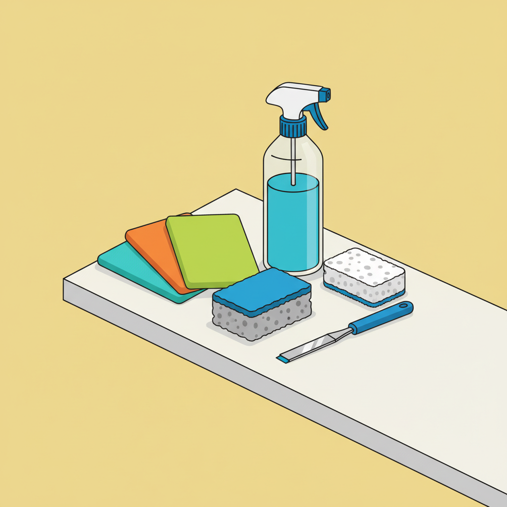 A vibrant flat illustration depicting a collection of essential stove cleaning tools and materials neatly arranged on a clean kitchen surface. The scene includes several soft, colorful microfiber cloths, a two-sided cleaning sponge (one soft, one slightly abrasive), a specialized dirt eraser sponge, and a generic bottle of cleaning spray. A small, shiny scraper tool suitable for ceramic or induction hobs is also visible. The items are arranged in an aesthetically pleasing, organized manner, suggesting preparedness and efficiency. The background is a soft, solid color, ensuring the focus remains on the cleaning supplies.