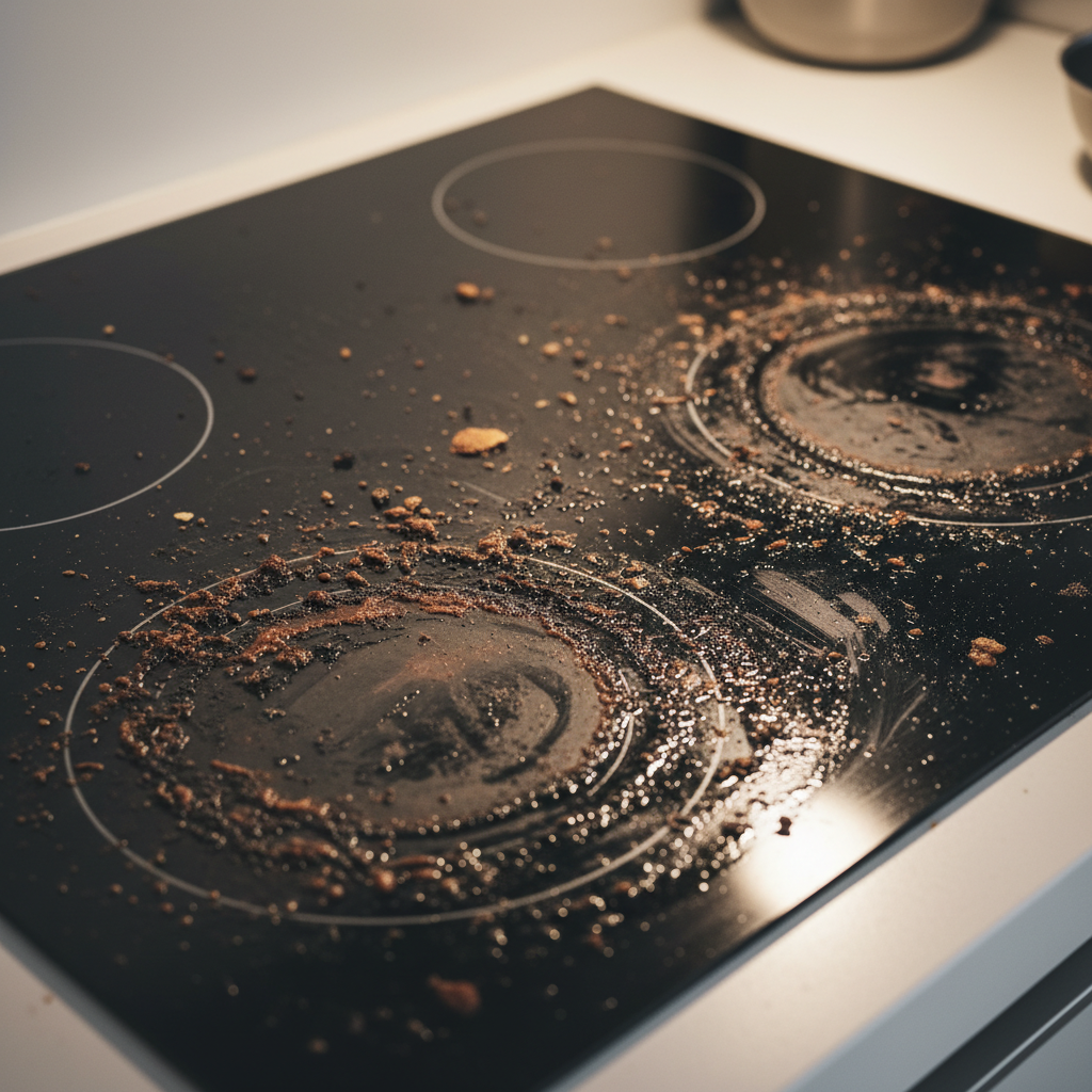 A close-up, slightly elevated shot of a modern ceramic or induction stovetop, heavily soiled with various dark, burnt-on food residues. Visible are dark, crusty stains from spilled sugar or sauces, and greasy splatters across multiple cooking zones. The stovetop surface should appear dull and unkempt, emphasizing the challenge of cleaning. Professional studio photography style with realistic textures and soft, natural lighting to highlight the grimy details.