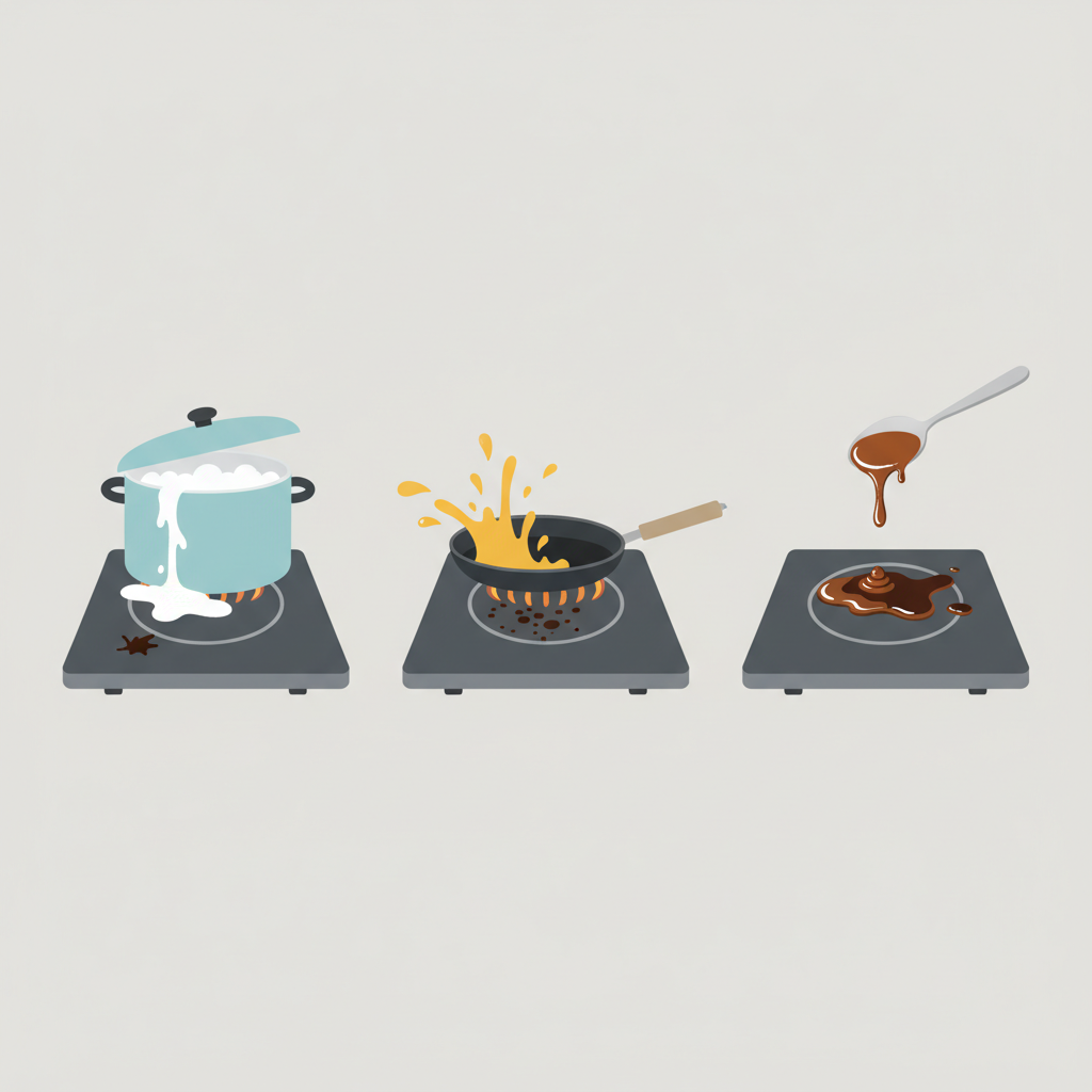 A clean, minimalist infographic-style illustration depicting three common scenarios causing burnt-on stains on a stovetop. On one side, a pot is shown overboiling onto a hot surface. In the middle, a frying pan is depicted with fat or sauce actively splattering outwards. On the third side, a spoonful of a sugary, dark substance (like caramelized jam) is shown dripping onto the cooktop. Each scenario should be distinct but visually connected by a small resulting 'stain' on the stovetop surface. Flat vector illustration with a clean color palette.