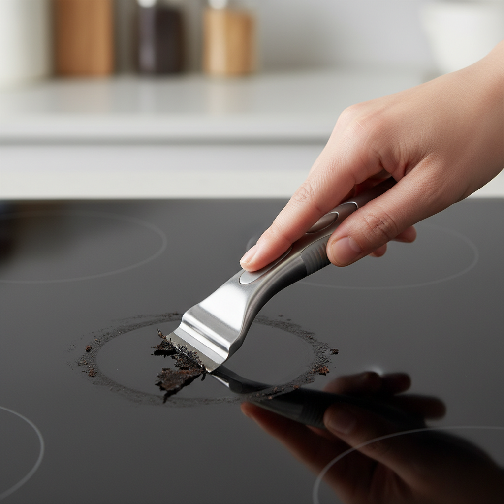 A close-up, dynamic shot of hands carefully using a specialized ceramic hob scraper to remove a stubborn, burnt-on residue from a sleek, dark ceramic stovetop. The scraper's sharp blade is visible making precise contact with a dark, hardened stain, showing the removal process in action. A small amount of loosened residue should be visible next to the blade. Realistic, high-resolution professional photo with good depth of field focusing on the scraper and the stain.