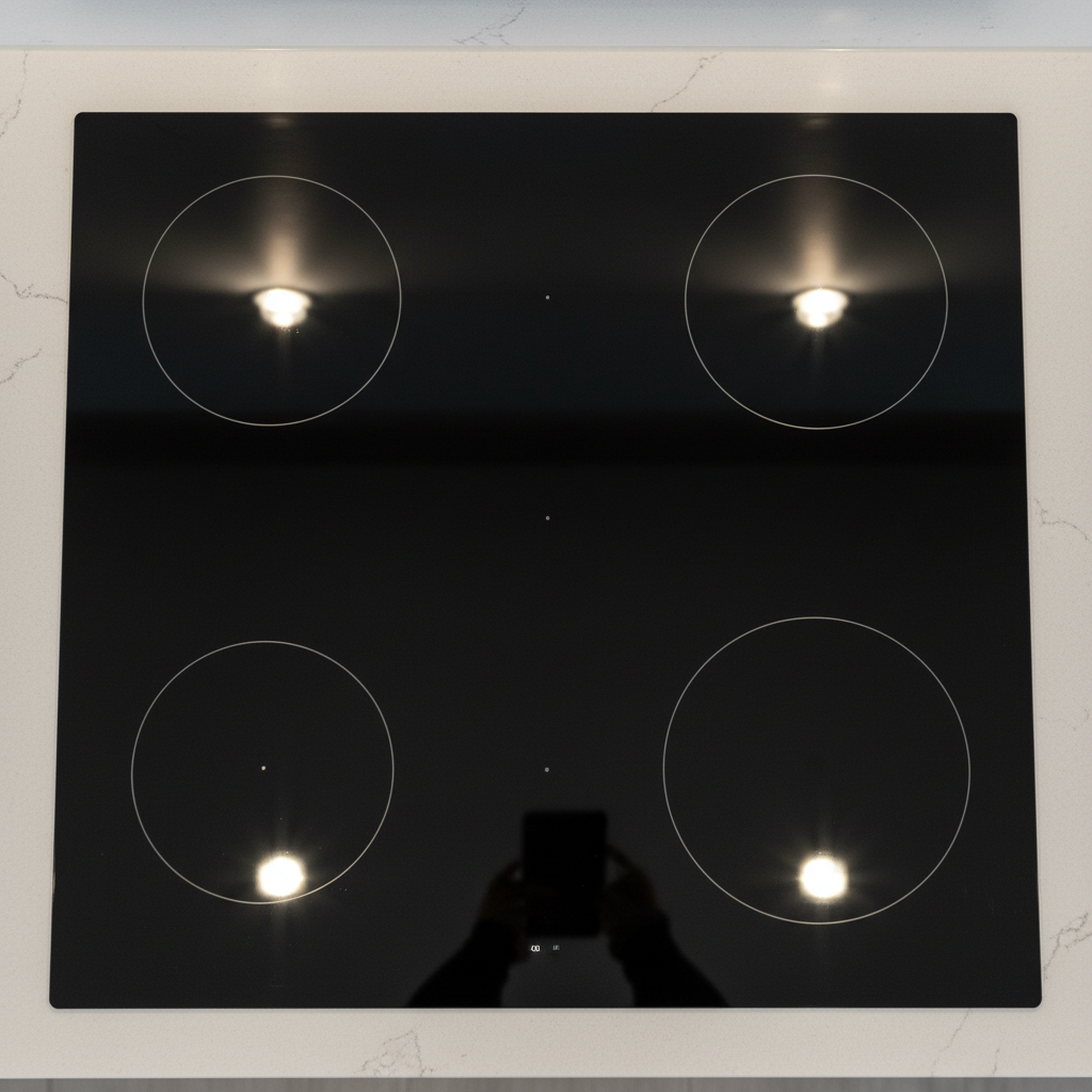 A top-down view of a perfectly gleaming, spotless ceramic or induction stovetop. The dark, highly reflective surface should appear pristine and mirror-like, brightly reflecting ambient light from above. There should be absolutely no visible stains, smudges, or scratches, showcasing a 'like new' condition. The edges of a clean, minimalist kitchen counter can be slightly visible, hinting at a tidy, organized kitchen environment. High-quality, professional product photography style with bright, inviting illumination.