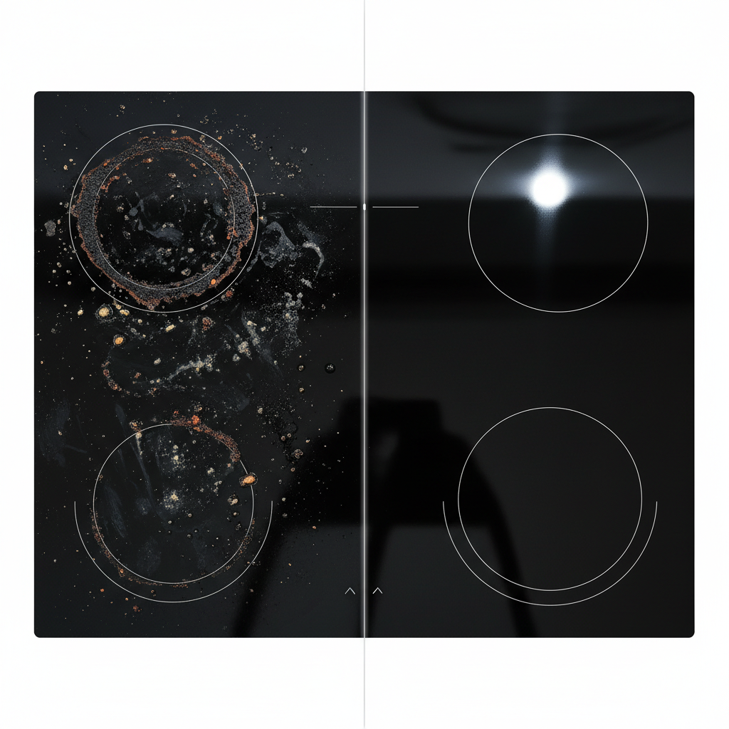 A split image or side-by-side comparison of a modern, sleek black ceramic glass stovetop. The left side depicts the stovetop with visible, burnt-on food residue, greasy splatters, and water marks, looking neglected and unappealing. The right side shows the exact same stovetop, now sparkling clean, highly reflective, and gleaming under bright light, free of any stains or residue. A subtle visual line separates the two states, emphasizing the dramatic transformation. The overall style is a professional, high-resolution product photography aesthetic, focusing on shine and cleanliness.