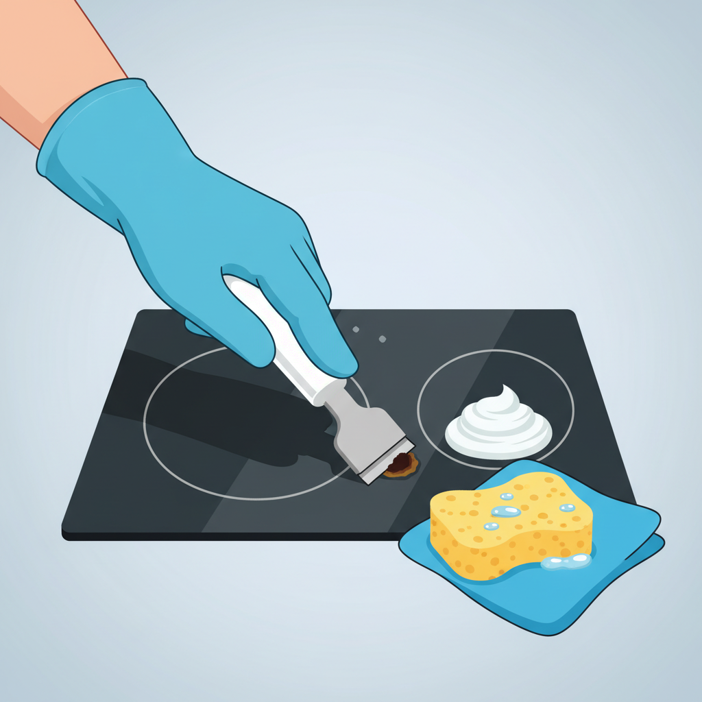 A flat illustration depicting a close-up of a black ceramic glass stovetop being actively cleaned. A hand, possibly wearing a protective glove, is shown gently using a specialized ceramic scraper at a very flat angle to remove a small, stubborn burnt-on food particle. Nearby on the stovetop surface, a small dollop of creamy ceramic cleaner is visible, next to a soft, damp sponge and a clean microfiber cloth. The illustration uses bright, clean colors and a minimalist background, focusing on the precision and care involved in the cleaning process.
