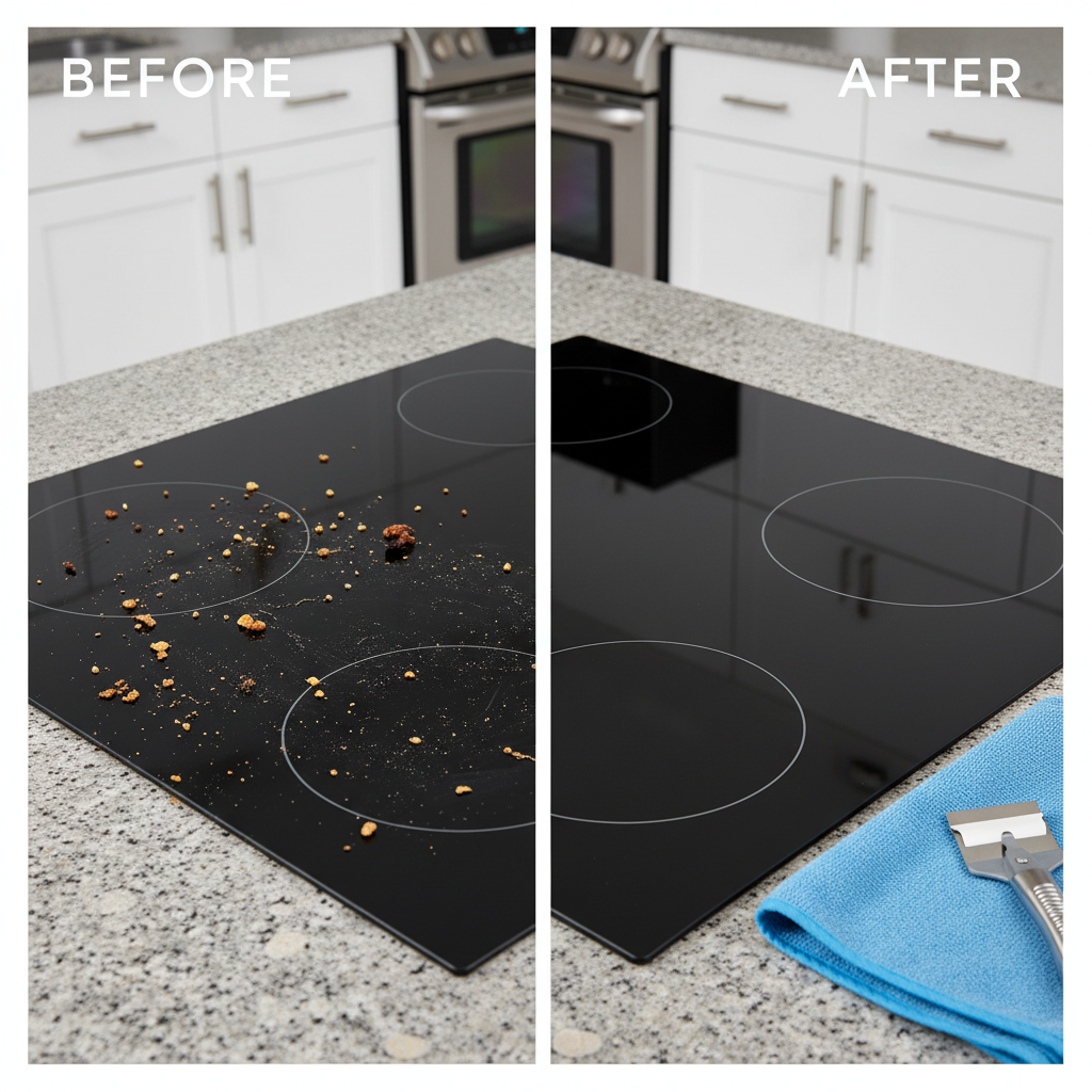 A professional studio photo showing a sleek, modern kitchen stovetop. The image is conceptually divided into two halves: 'before' and 'after'. On the 'before' side, the stovetop has visible, dried food spills, light grease stains, and subtle burn marks. On the 'after' side, the exact same stovetop is impeccably clean, shining brightly with a reflective surface. Nearby, a clean microfiber cloth and a specialized stovetop scraper are neatly placed on the countertop, suggesting the tools for transformation. The lighting is crisp and highlights the glossy finish of the clean surface.