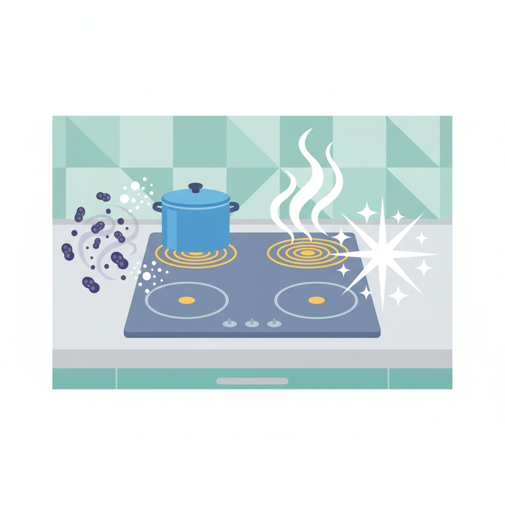 A vibrant, modern flat illustration depicting the abstract concept of stovetop maintenance benefits. A clean, generic stovetop is centrally featured on a stylized kitchen counter. Around it, three distinct visual benefits are illustrated: first, a subtle icon of bacteria diminishing or disappearing, symbolizing enhanced hygiene; second, a cooking pot with perfectly even heat distribution lines and steam, representing improved cooking performance; and third, a prominent sparkling starburst or reflection, signifying renewed aesthetic appeal. The overall scene uses a pleasant, limited color palette.