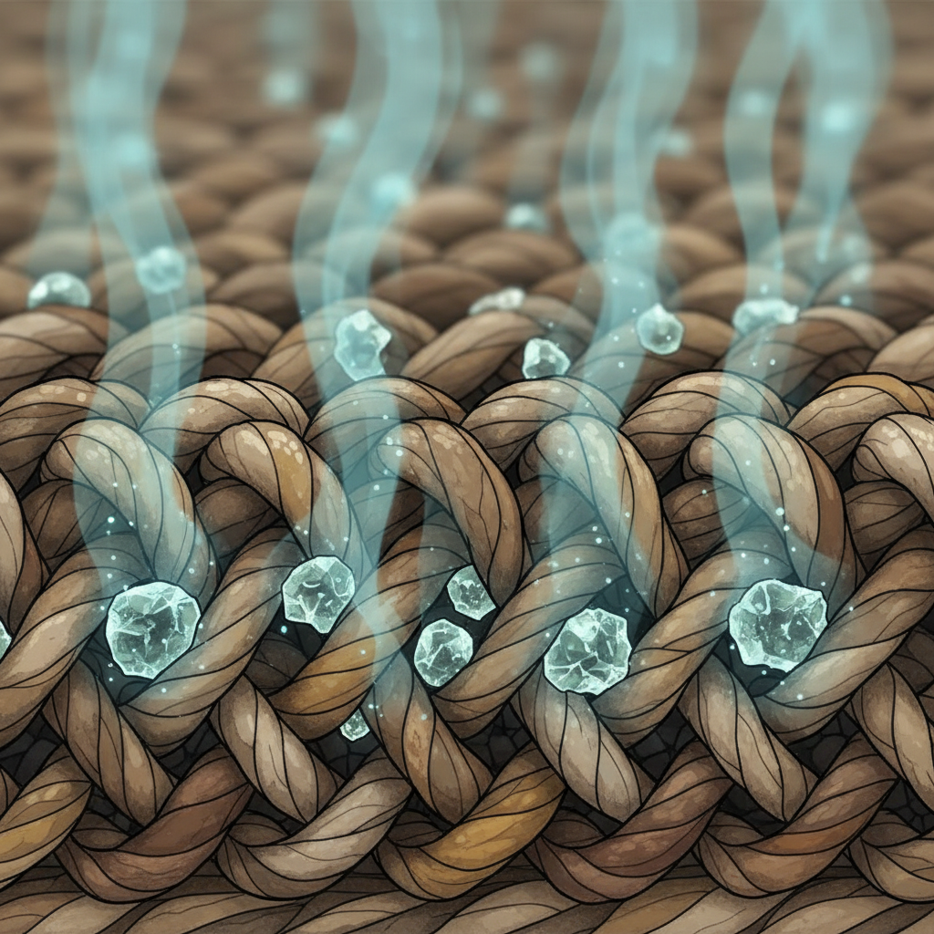 A close-up, cutaway scientific illustration depicting the microscopic problem of cat urine. We see a section of carpet fibers or fabric, highly magnified. Embedded deep within the intricate weave are numerous, subtly sparkling uric acid crystals. From these crystals, small, wispy clouds representing ammonia molecules are gently rising, illustrating the persistent odor. The scene should convey the deep-seated nature of the odor-causing elements, showing how they cling to materials, making removal difficult. Use a clean, detailed, and slightly abstract scientific illustration style with muted, natural colors and soft glowing effects for the ammonia.