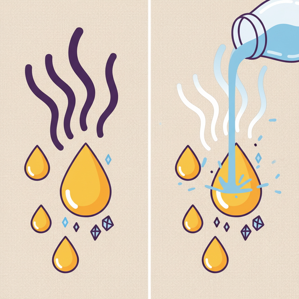 A clear, infographic-style illustration contrasting the problem and a partial solution. The image is conceptually divided. On one side, stylized droplets of cat urine on a textile surface are shown emitting strong, wavy lines representing a pungent odor (ammonia). On the other side, a gentle stream of vinegar is being applied to similar urine droplets. Where the vinegar meets the urine, the wavy odor lines are visibly diminished or dissolving. Crucially, within or beneath the treated urine, small, distinct, crystalline shapes (representing uric acid crystals) are still visible and intact, suggesting their enduring presence despite the vinegar's neutralizing effect. Use a clean, vibrant flat illustration style.