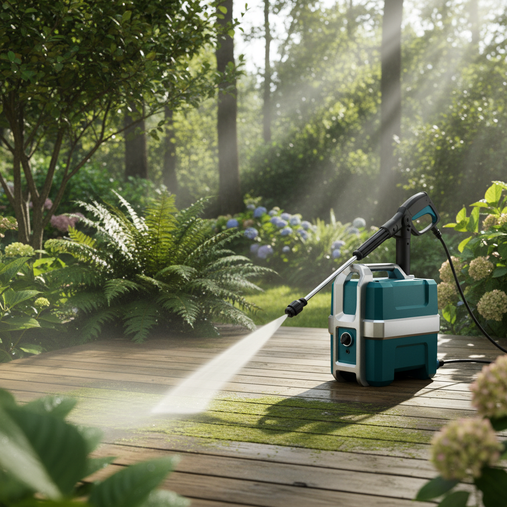 A vibrant, high-angle professional photo of a modern, compact pressure washer with an integrated water tank, actively cleaning a mossy wooden deck in a lush, somewhat remote garden. The sun is shining, highlighting the powerful jet of water removing grime. No visible water tap or hose connection is nearby, emphasizing the independence and mobility of the device. The surrounding foliage is slightly blurred, drawing focus to the cleaning action and the portability of the equipment, conveying efficiency and convenience.