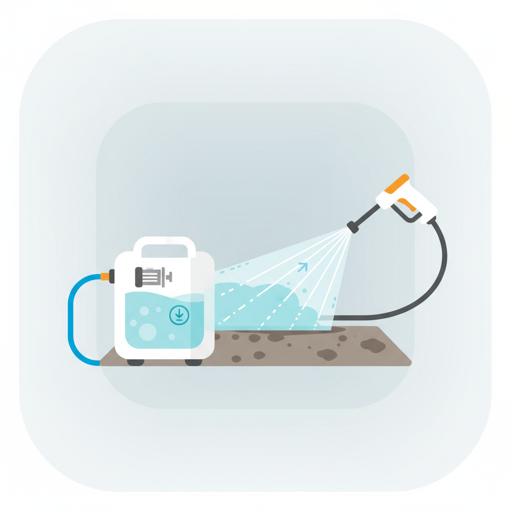 A clean, modern flat illustration depicting the functional components of a mobile pressure washer system. On one side, a stylized pressure washer unit with a small motor or pump icon. Connected to it is an external water tank, perhaps with a subtle visual representation of water being drawn from it via a hose. A high-pressure hose extends from the washer to a handheld spray gun, actively emitting a powerful water jet towards a generic dirty surface. The background is minimalist, focusing on the equipment and its self-contained water supply.