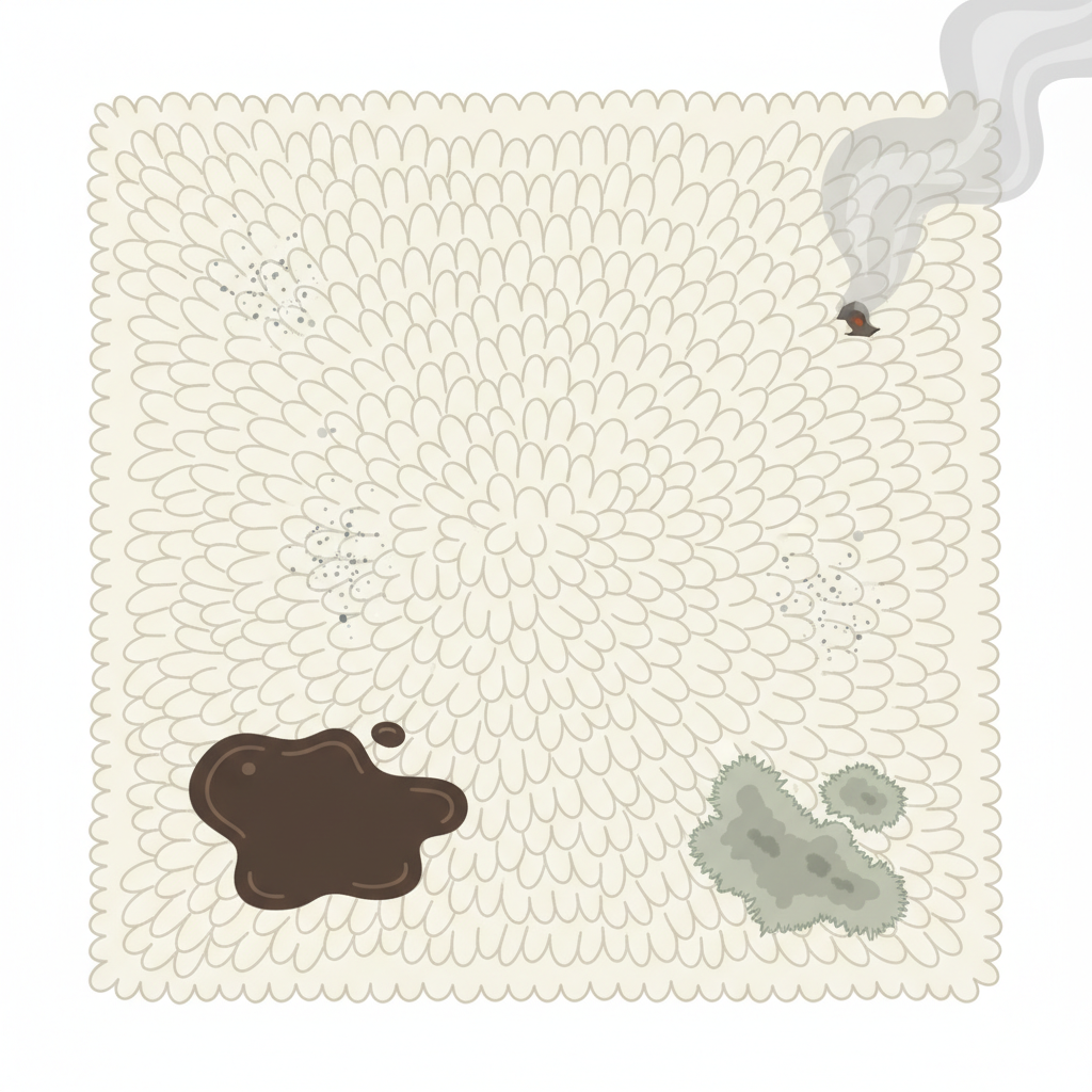 A detailed flat illustration from a slightly elevated perspective, showcasing a plush, high-pile carpet as the central element. Various common odor sources are subtly depicted interacting with the carpet's fibers: a small, dark liquid spill (like coffee), a faint cloud of smoke rising from one corner, a subtle patch of greenish-grey mold creeping from beneath a fiber, and a few scattered dust particles. The overall scene should clearly convey the accumulation of factors leading to carpet odors, using a clean, modern aesthetic with a slightly muted color palette to emphasize the problem without being unappealing. No text or labels.